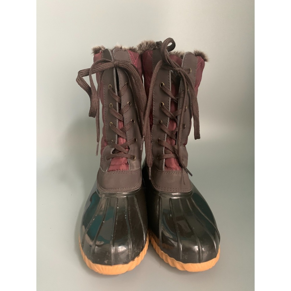 Magellan Outdoors Womens Quilted Duck Boots Burgundy Brown Faux Fur Trim Lace Up